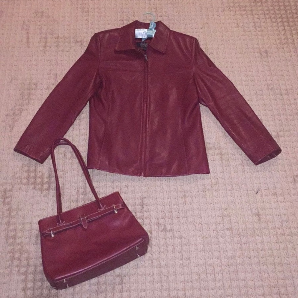 Wilsons Womans Leather Jacket & Focus Paris Leather Purse -Deep Red Set. EUC-GUC